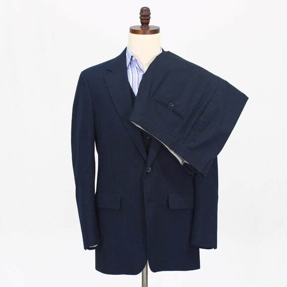 Vintage 1980s 40L 34x33 Navy Full Suit 2-Button Stripe R648